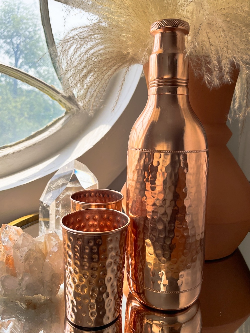 Copper Carafe Set · Bottle + 2 Cups · Pebbled Finish · Tamra Jal · Living Ritual